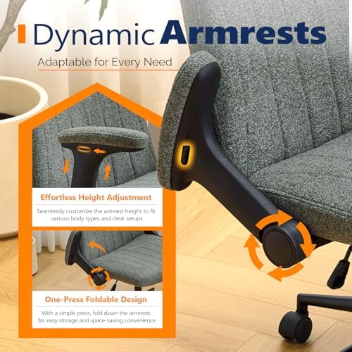 VINGLI Criss Cross Chair with Adjustable Flip-Up Arms,Cross Legged Chair with Wheels, Extra Wide Office Chair,Cozy Desk Chair for Home Office, Vanity, Apartment,Chenille Velvet,Dark Green