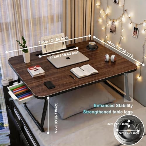 Large Lap Desk with Storage Drawer, Holders for Cup and Tablet, Tray Table with Foldable Legs, Laptop Bed Stand, Portable Standing Table for Sofa Couch Floor(27.6", Black Walnut)