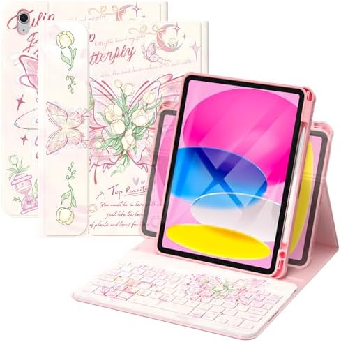 YBING Keyboard Case for iPad 10th Gen 10.9 inch(2022) & 11th Gen(A16, 2025), Painted Patterns Detachable Keypad & Rotatable Magnetic Case with Pencil Holder (Butterfly Pink)