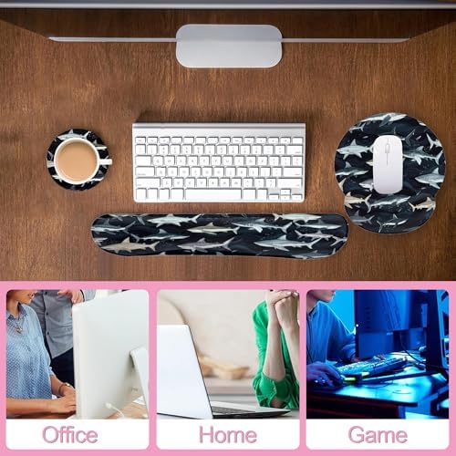 Cute Shark Keyboard Wrist Rest Pad Mouse Pad Set,Ergonomic Mousepad Wrist Support Memory Foam Desk Pad for Gaming Office,Non-Slip Rubber Base Easy Typing for Home Office Computers
