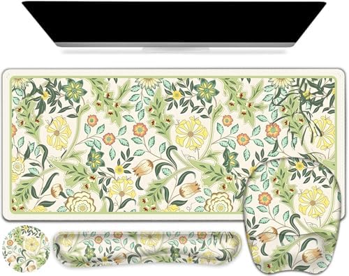 4 in 1 Large Mouse Pad, Keyboard Wrist Rest Set, Ergonomic Mouse Pad with Wrist Support, Desk Mat with Stitched Edges Extended Desk Pad Waterproof Desk Mat for Home Office Game I Green Flower Plants