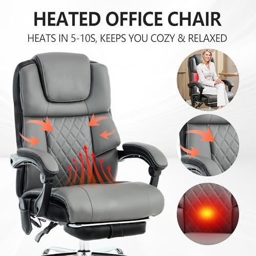 Massage Office Chair with Heat & Footrest,Heated Comfy Reclining Desk Chair with Vibration,Executive Big and Tall Chairs for Heavy People,Adjustable Height Black Gray