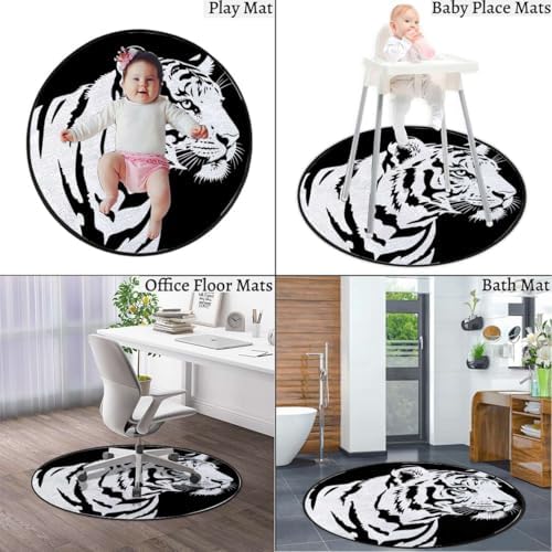 Black Lines Round Area Chair Mat for Hardwood Floors, Tiger Profile Jungle Animal Swivel Chair Protector, Protect The Floor from Scratches, Black White Diameter 51 in