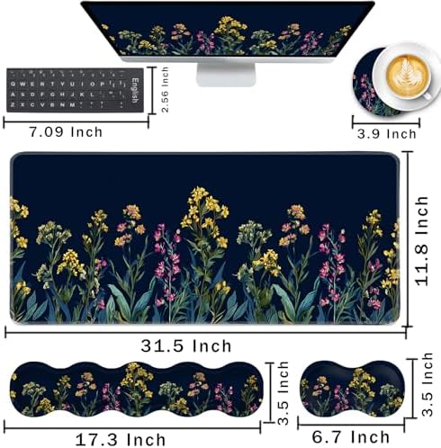 Keyboard Wrist Rest and Mouse Pad with Wrist Support Set Ergonomic Coaster,Memory Foam,Easy Typing Pain Relief,Large XL Desk Mat 31.5"x 11.8",Garden Flowers