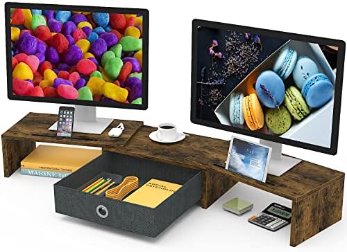 WESTREE Dual Monitor Stand Riser with Drawer, 3 Shelf Computer Monitor Riser with Adjustable Length and Angle, Desktop Monitor Stand Riser Storage Organizer for 2 Monitors