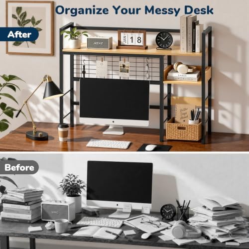 Desk Shelf, 38.6" Desk Hutch with Pegboard Hooks Set, Natural