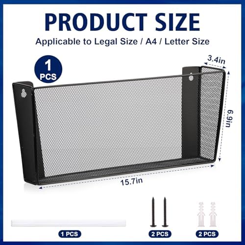 Single Pocket Wall File Holder Legal Size Metal Mesh Hanging File Folder Paper Organizer Black Wall Mounted Mail Organizer Magazine Rack for Office Home School 15.7" L x6.9 Wx3.4 H
