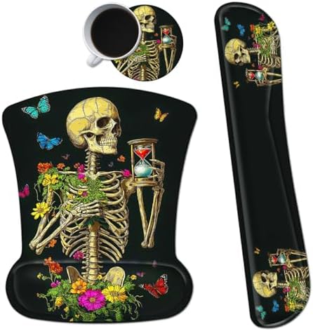 Ergonomic Memory Foam Keyboard Wrist Rest Pad Set, Flower Butterfly Skull