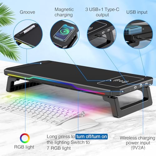 Monitor Stand Riser with USB 3.0 Hub & Type-C Port, 15W Fast Wireless Charging & RGB Lighting, Desk Organizer for Home Office PC iMac 27 Inch (Black)