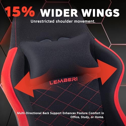 LEMBERI Gaming Chair, Fabric Big and Tall Video Game Chairs with Footrest, Massage Lumbar Support, Racing Style Ergonomic Computer Gamer Chair with Adjustable Headrest (Red)