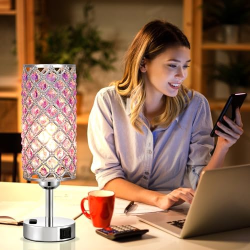 Hong-in Crystal Lamps Set of 2, 3 Way Dimmable Touch Lamp with Crystal Shade, Bedside Nightstand Lamps for Living Room Bedroom Home Office(Purple)