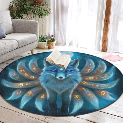 Machine Washable Modern Round Area Rug, Room Sofa Yoga Soft Round Carpet, Home Decor Non Slip Kitchen Office Circle Rug Magical Nine Tailed Fox Art, 24inch