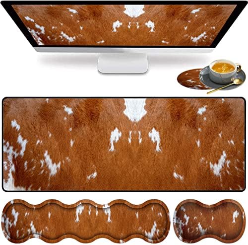 Large Gaming Mouse Pad, Keyboard Wrist Rest pad + Mouse Wrist pad + Coaster Set Extended Waterproof Non-Slip Table mat Suitable for Home Office Learning Games - Cowhide Leopard Brown Cow