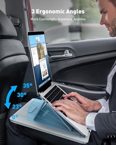 AboveTEK Adjustable Laptop Lap Desk, 3 Ergonomic Angles, PU Leather Non-Slip Surface, Heat Shield, Retractable Mouse Pad, Portable Laptop Lap pad for Bed, Sofa, Travel (Light Gray)