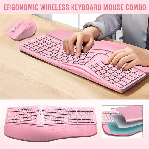 MK960 Ergonomic Wireless Keyboard Mouse Combo, Bluetooth/2.4G Split Design Keyboard with Palm Rest and 4 Level DPI Adjustable Wireless Mouse Multi-Device, Rechargeable, for Windows/Mac/Android(Pink)