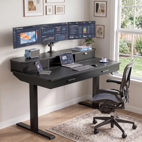 HUANUO 48 x 30 inch Electric Standing Desk with 2 Wood Drawers, Adjustable Height Sit Stand Desk for Home Office, Ergonomic Stand up Desk with 4 Memory Presets, 176 lbs Capacity, Black Top