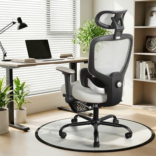 Ergonomic Office Chair with 4D Flip-Up Arms & Footrest, Mesh Desk Gaming Chair with 3D Headrest & 2D Floating Wing Lumbar Support, High Back Computer Chair for Home Office Vanity, Grey
