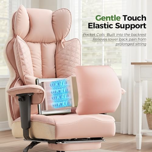 GTPOFFICE Big and Tall Office Chair 400LBS Wide Seat Computer Gaming Chair with Footrest & Comfy Lumbar Support, Leather High Back Executive Chair with Ergonomic Pressure Relief Seat Cushion, Pink