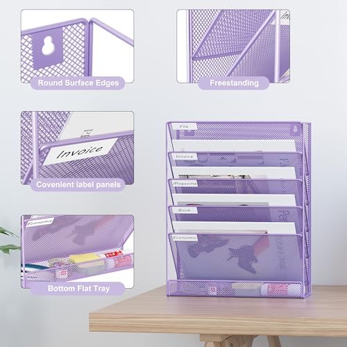 EasyPAG 5 Tier Wall File Holder, Mesh Hanging Folder Organizer with Classify Label, Versatile Desk File Holder, Vertical Wall Mounted Mail Organizer for Office Home Cubicle, Purple