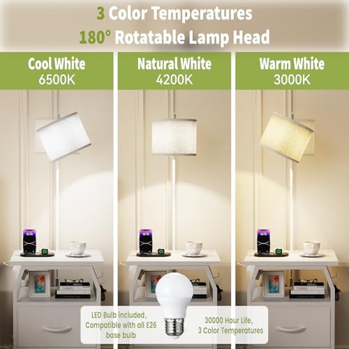 runjuly Floor Lamp with Table, End Table with Light and Charging, White