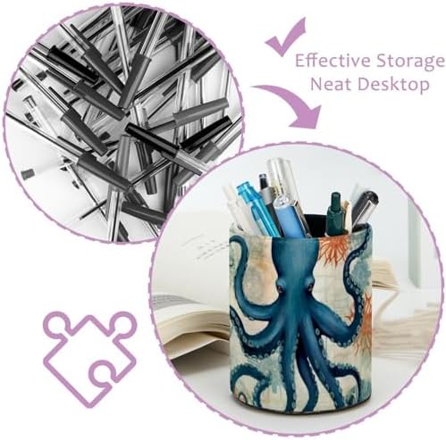 Large Capacity Pen Holder for Desk, Leather Pencil Holder Pen Cup Marker Holder Makeup Brush Holders, Desk Accessories Organizers for Home, School & Office, Nautical Octopus Vintage