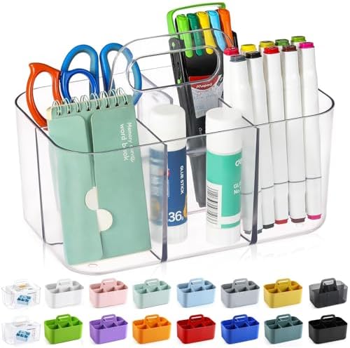 AOZITA Multiuse Caddy Organizer with Handle, Portable Divided Tote Bin - Art Craft, Stationary Pen Marker Crayons, Makeup Hair Supplies Storage - Bathroom, Classroom, Dorm, Office, Desk Holder -Clear