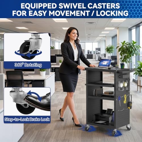 Mobile AV Cart with Pullout Keyboard Tray Media Utility Cart with Pegboard Hooks 4 Outlets & Push Handles Rolling Computer Cart with Lock Brake Wheels Mobile Computer Workstation