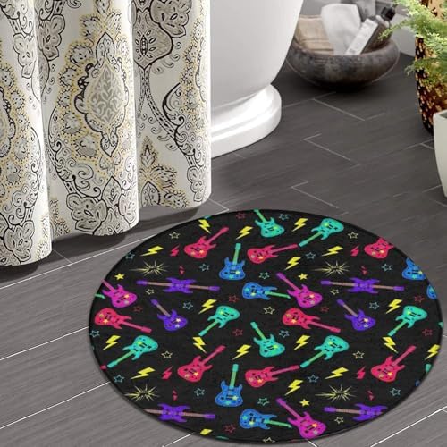 Men's Large Home Decor Mat, Soft Round Yoga Carpet, Non Slip Machine Washable Home Office Circle Rug Trippy Neon Electric Guitars, 24inch