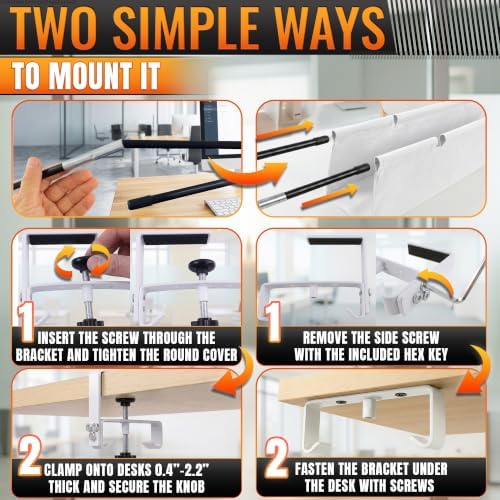 Under Desk Cable Management Tray 48" — No Drill Clamp-On Cord Organizer for Desk with Built-in Ties, Heavy Duty Metal Clamp, Foldable 600D Oxford Fabric for Home Office, WFH & Gaming PC Setup (White)