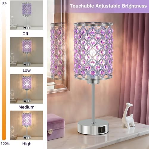 GyroVu Purple Crystal Bedside Table Lamps Set of 2 with USB C+A Ports