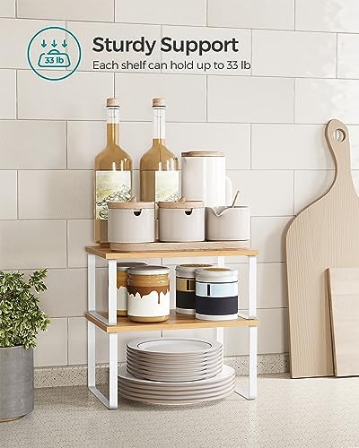 SONGMICS Cabinet Organizer Shelf, Set of 2 Kitchen Counter Shelves, Kitchen Storage, Spice Rack, Stackable, Expandable, Metal and Engineered Wood, Cloud White and Natural Beige UKCS02NW (Pack of 2)