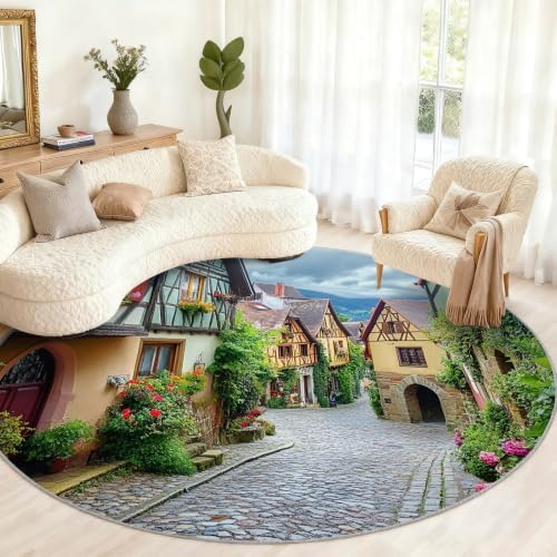 Munich Round Rug - 6ft Washable Vintage Town Round Area Rug for Living Room, European Landscape Circle Rugs Soft Non-Slip Carpet for Bedroom Dining Table Decor Mat