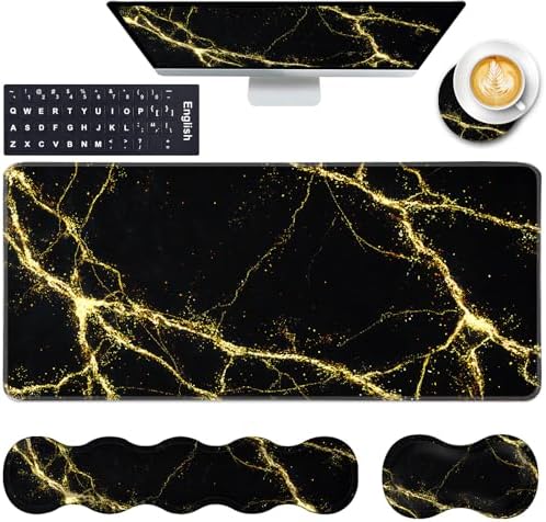 Keyboard Wrist Rest and Mouse Pad with Wrist Support Set Ergonomic Coaster,Memory Foam,Easy Typing Pain Relief,Large XL Desk Mat 31.5"x 11.8",Black Marble