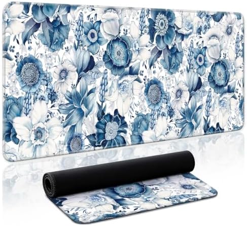 Aesthetic Desk Mat, Cute Blue Floral Desk Pad Protector for Work & Decor, 31.5" x 11.8", Pretty Non-Slip Extended Mouse Pad for Office or Home