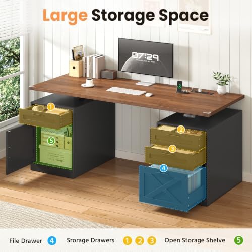 YOMILUVE 60" Farmhouse Electric Standing Desk with Drawers for Home Office