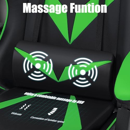 Gaming Chair with Massage Footrest Ergonomic Computer Chair for Boys-Green