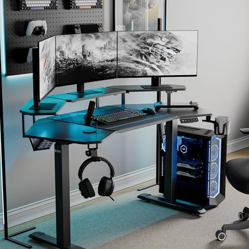 EUREKA ERGONOMIC Aero 55 Inch W Shaped Electric Standing Desk, Height Adjustable Computer Gaming Desk with LED Monitor Shelf, Mouse Pad, Headphone Hook, Cup Holder, Carbon Black
