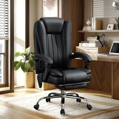 500LBS Massge Office Chair with Foot Rest,6 Points Vibration & Heat Big and Tall Office Chair with Back Support, Ergonomic Comfort 135° Reclining Desk Chairs Managerial Chairs for Heavy People