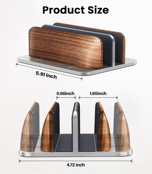 LOXP Vertical Laptop Stand, Dual Slot Wooden + Aluminum Laptop Holder