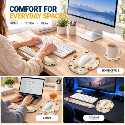 3 Piece Wrist Rest Mouse Pad Set with Keyboard Support Halloween Ghost
