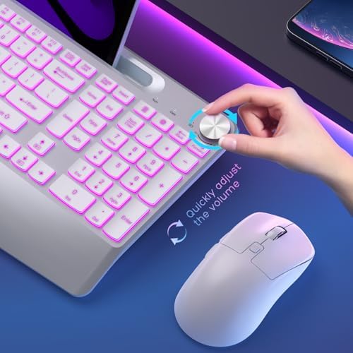 GAMCATZ Wireless Keyboard and Mouse Backlits - Full-Sized Ergonomic Lighted Keyboard with Wrist Rest, Phone Holder,2.4GHz Rechargeable Silent Keyboard Mouse Combo for Computer, Laptop, PC, Mac -White