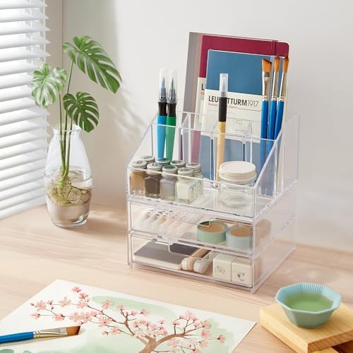 STORi Stackable Desk and Drawer Organizer, Clear, 6 Compartment Organizer with 2 Wide Drawers