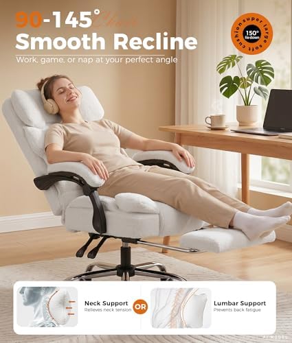 GTPLAYER Big and Tall Office Chair with Pocket Spring Cushion & Ergonomic Lumbar Support for Lower Back Pain Relief, High Back Computer Gaming Chair with Foot Rest, Comfy Teddy Fleece, White