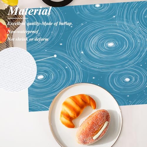 Shrahala Concentric Ripples Placemats, Blue with White Circles Stars Table Mat Linen Burlap Washable Double-Deck Heat Insulation for Dining/Kitchen Table Set of 8 (12 X 18 Inch)