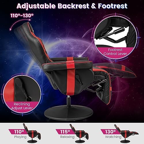 Goplus Gaming Chair, Height Adjustable Massage Video Game Chair with Retractable Footrest, Cup Holder, Headrest, Swivel Office Chair, Racing Style Swivel Gamer Chair (Red)