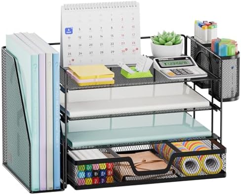 Marbrasse 4-Tier Paper Tray Organizer with Drawer and Pen Holder, Black
