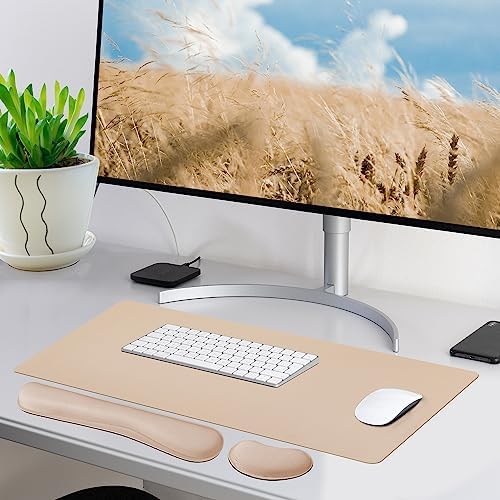 Bloss Leather Desk Pad and Keyboard Wrist Rest, Large Mouse Pad + Keyboard Pad+Mouse Wrist Support, Non-Slip Desk Mat Protector for Office, Home(31.5×15.7 Inches,Beige)