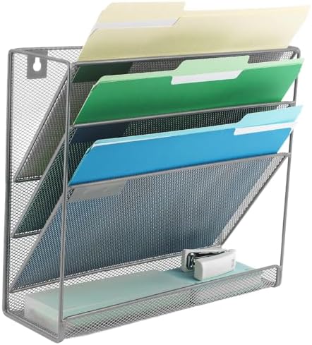 EASEPRES Desk File Organizer Mesh 4-Tier, Hanging Wall Mount Document Organization Stand, Desktop Vertical Mail Paper Folder Holder Rack with Bottom Tray for Office Home Cubicle Countertop, Gray
