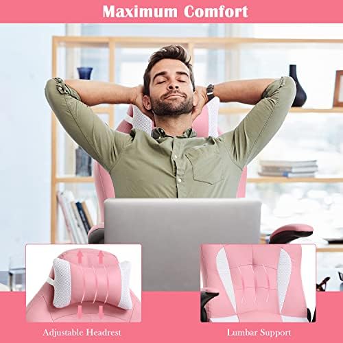Pink Gaming Chair, PU Leather Gaming Chairs for Adults, Comfy Office Chair Ergonomic Desk Chair Computer Chair with Flip Up Arms, Swivel Reclining Gamer Chair, Height & Backrest Adjustable, 300 Lbs