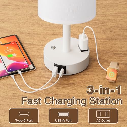 White Touch Bedside Lamp for Bedroom, Stepless Dimmable, USB A+C, AC Outlet